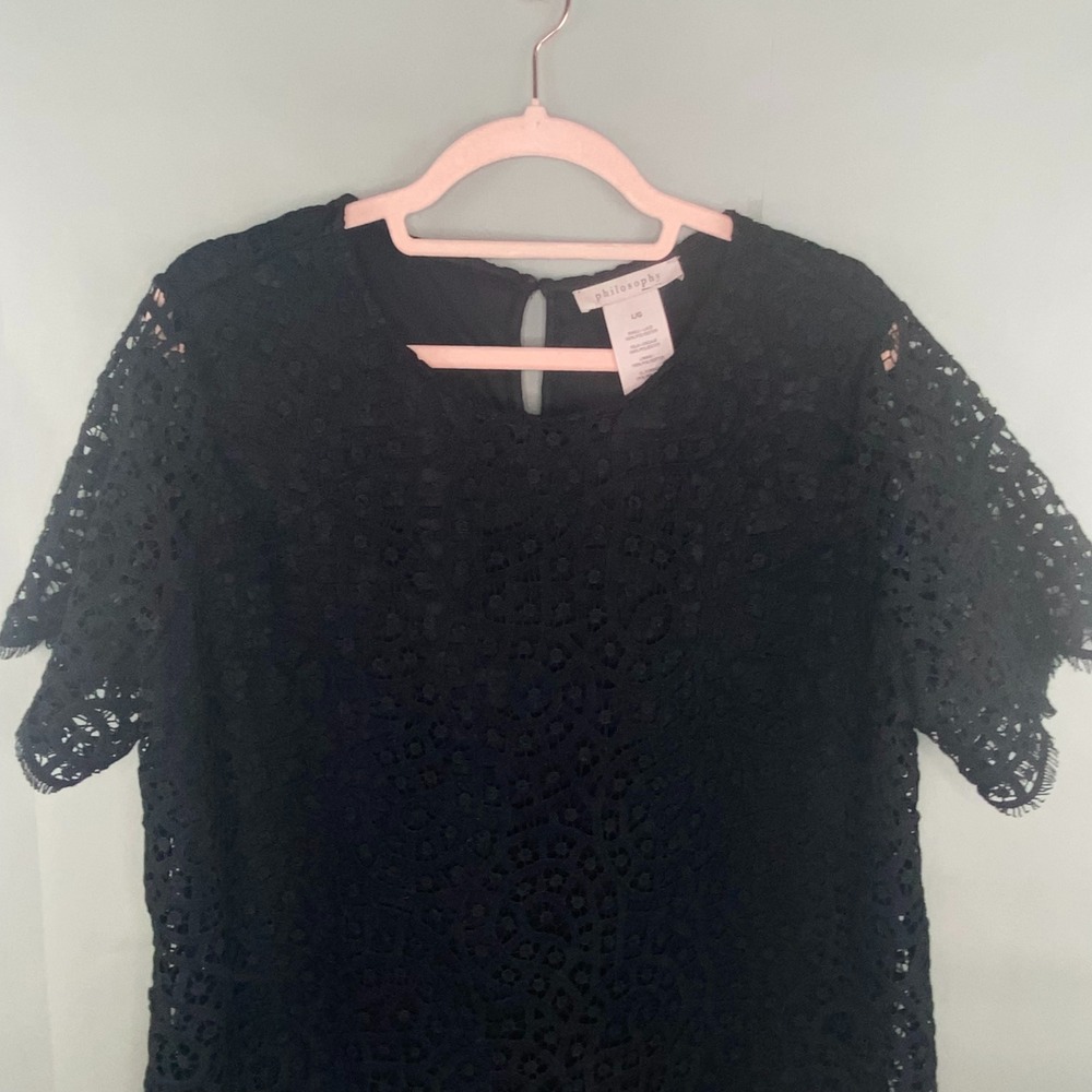 Philosophy Lace Top Women Sz L Black Short Sleeve Lined Scalloped Hem Fairy Goth - Picture 2 of 11